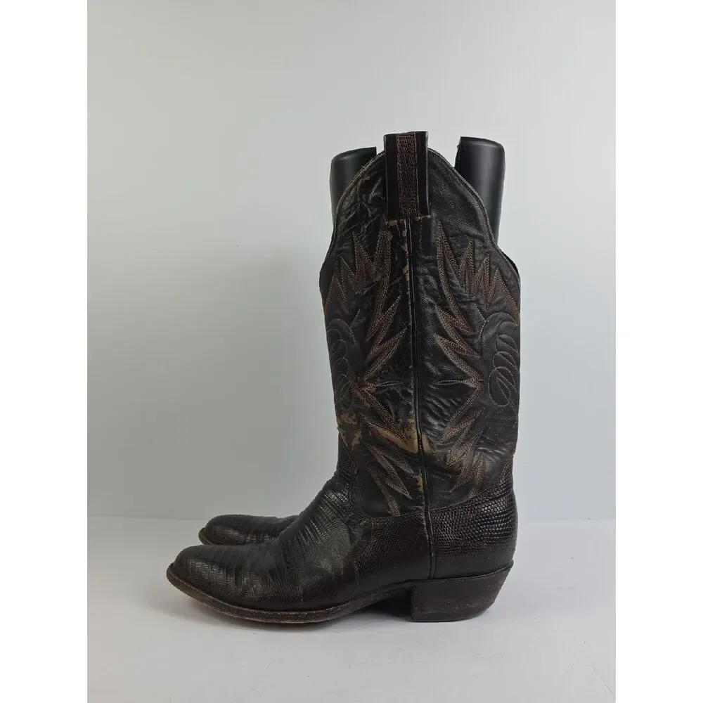 Vintage Sanders Boot Lizzard Brown Leather Men's Cowboy Boots Size 10 1/2